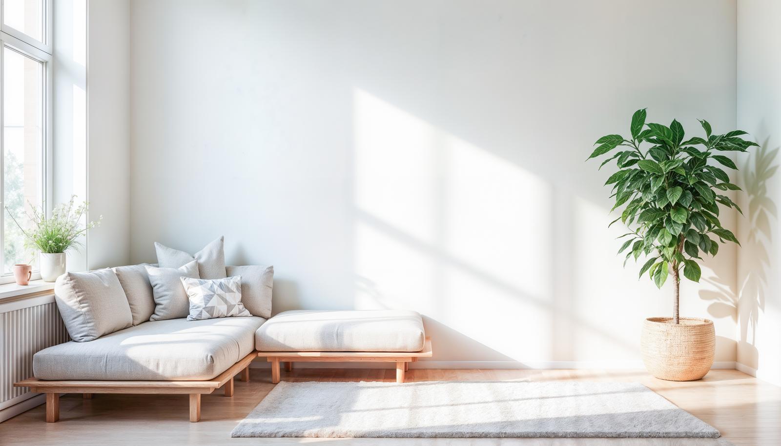Minimalist living room with wooden sofa and potted plants, illuminated by natural light