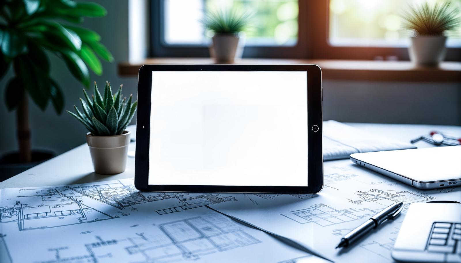 Desk with white tablet device placed on architectural drawings. Workspace for design work with pens and notebooks arranged around.