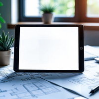 タブレット端末が建築図面の上に置かれた設計士のデスクの写真