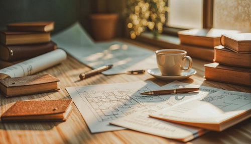 技術者の作業机に積み重ねられた資料と設計図書