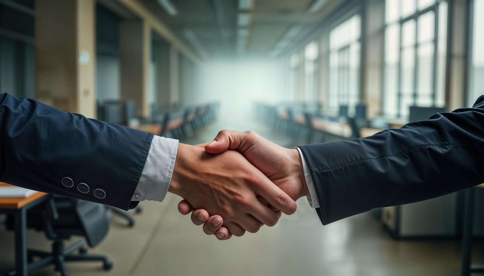 Business professionals in suits shaking hands in an office: Corporate partnership established