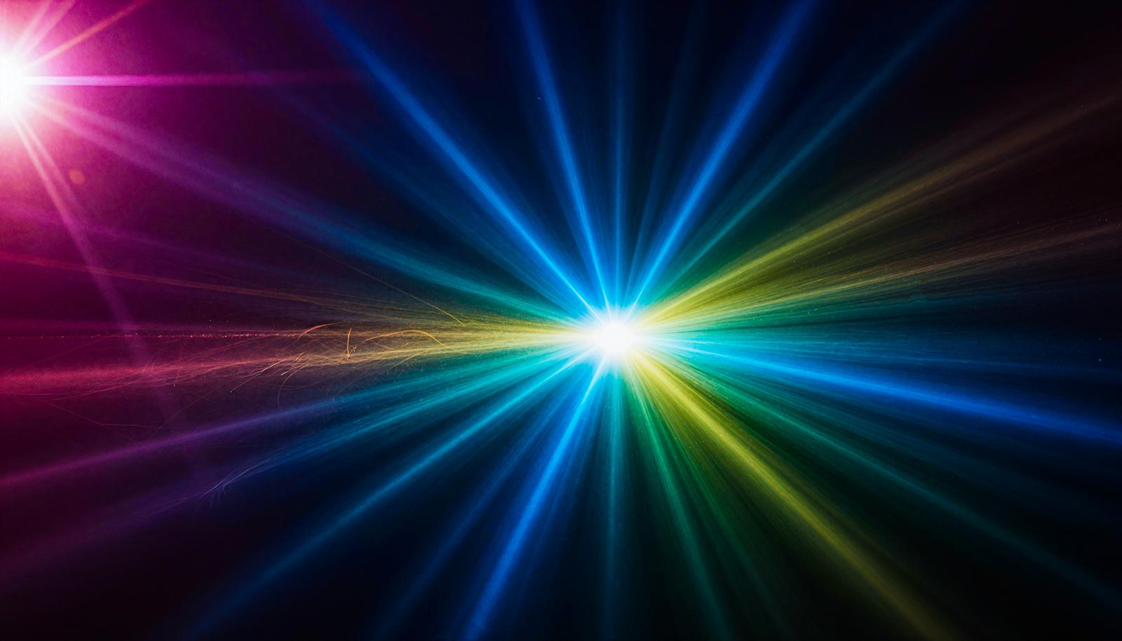 Shimmering rainbow-colored light trails radiating outward