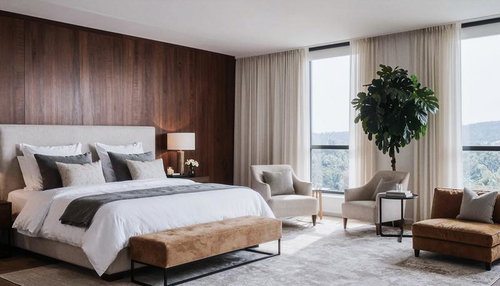 濃いブラウン背景のダブルベッドと白系寝具のラグジュアリー調客室