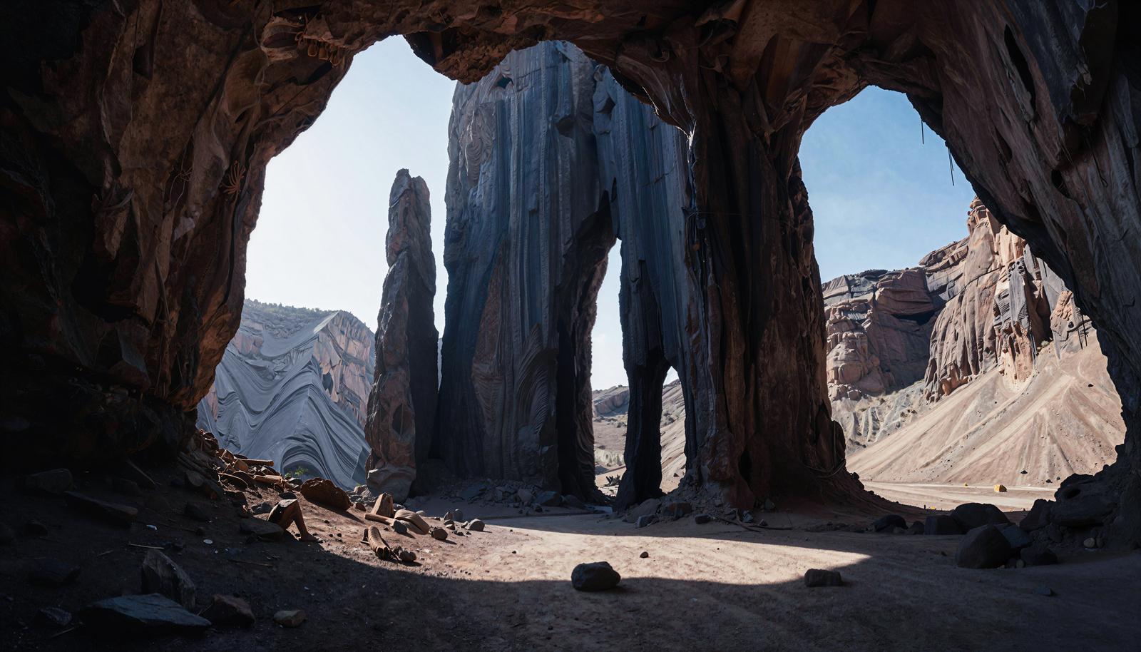 Underground space with a cluster of dark brown stone pillars in a cave