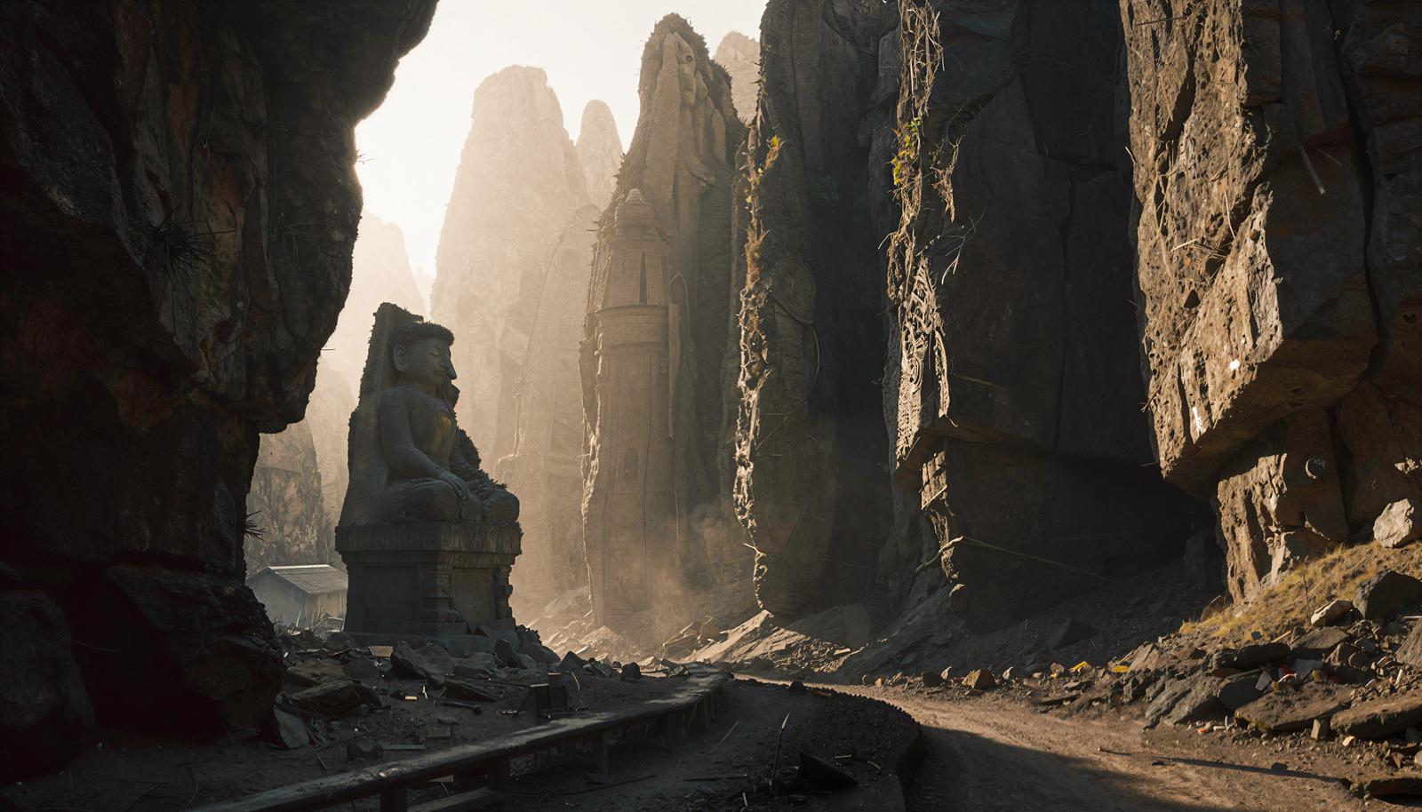 Landscape of ancient ruins surrounded by massive cliffs, with a stone statue in the center