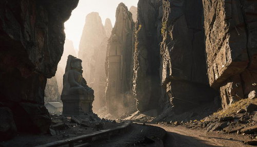 積み重なった巨大な断崖に囲まれた古代遺跡風景と石造の彫像