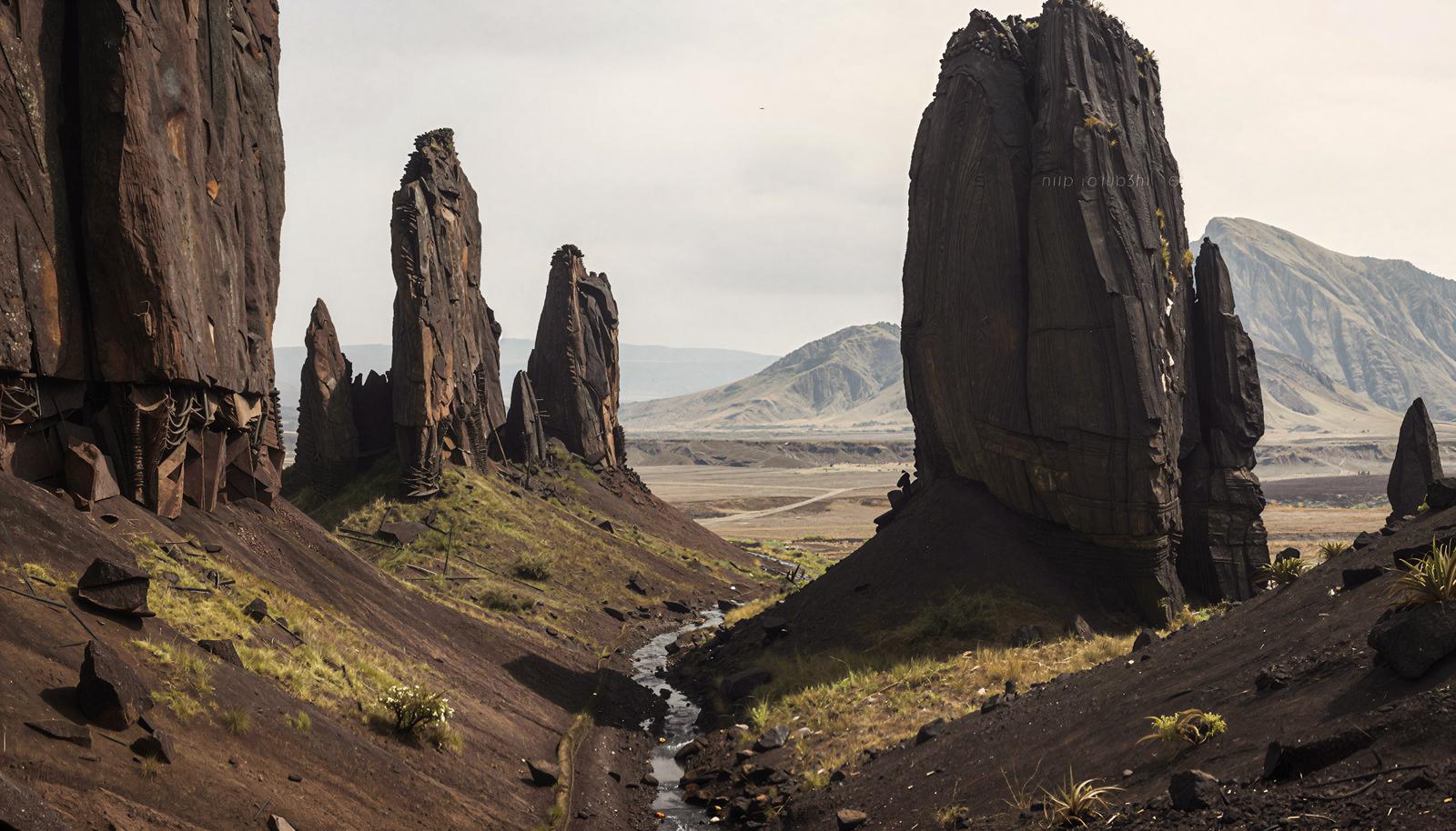 A canyon with columnar volcanic rock formations and a stream flowing through the landscape, with distant mountains in the background.