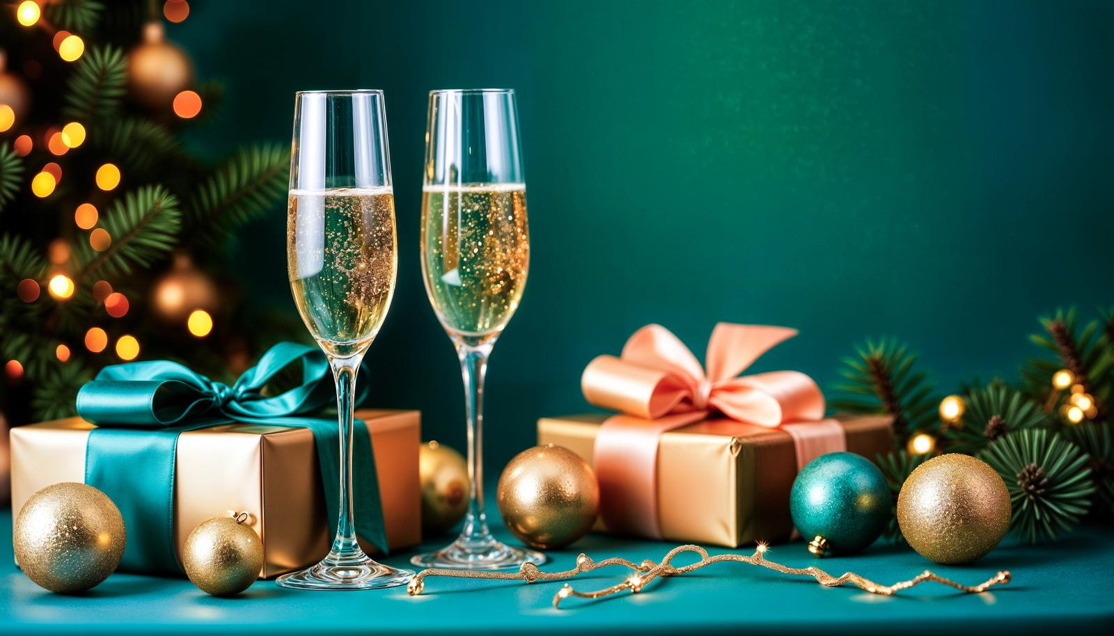 泡立つシャンパングラス2脚とリボン付きギフトボックスやクリスマスオーナメントが並ぶテーブル