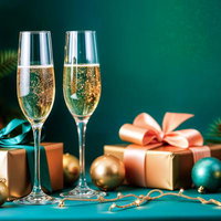 シャンパングラスとクリスマスプレゼントの写真