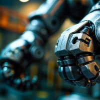 工場で稼働するロボットアームの関節のAI画像