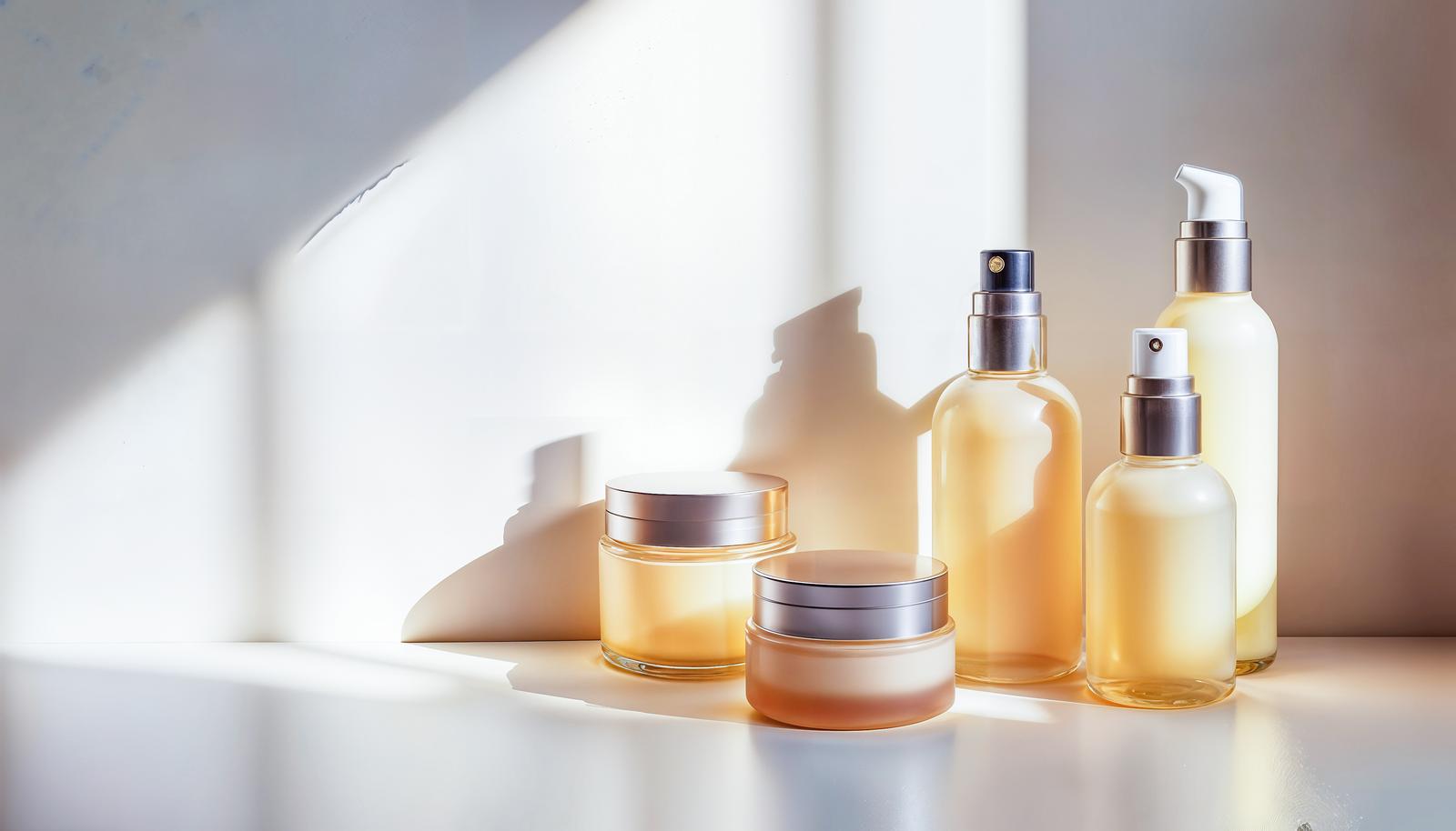 Pump bottles and cream jars for skincare lined up on a white shelf, bathed in natural light