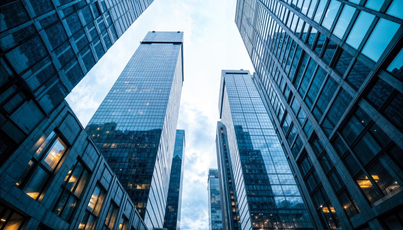 Low-angle AI image of glass-clad high-rise buildings viewed from the ground looking upward