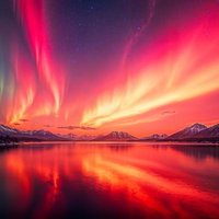 赤いオーロラが湖面に映る雪山の夜景の写真
