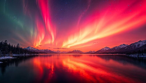 赤いオーロラが湖面に映る雪山の夜景
