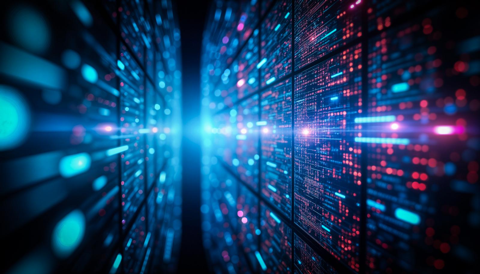 Image of a corridor in a data center with server racks lined up on both sides, with flashing blue and red lights