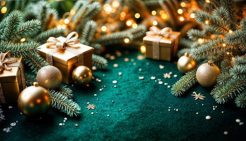 金色の小箱とモミの枝のクリスマス装飾