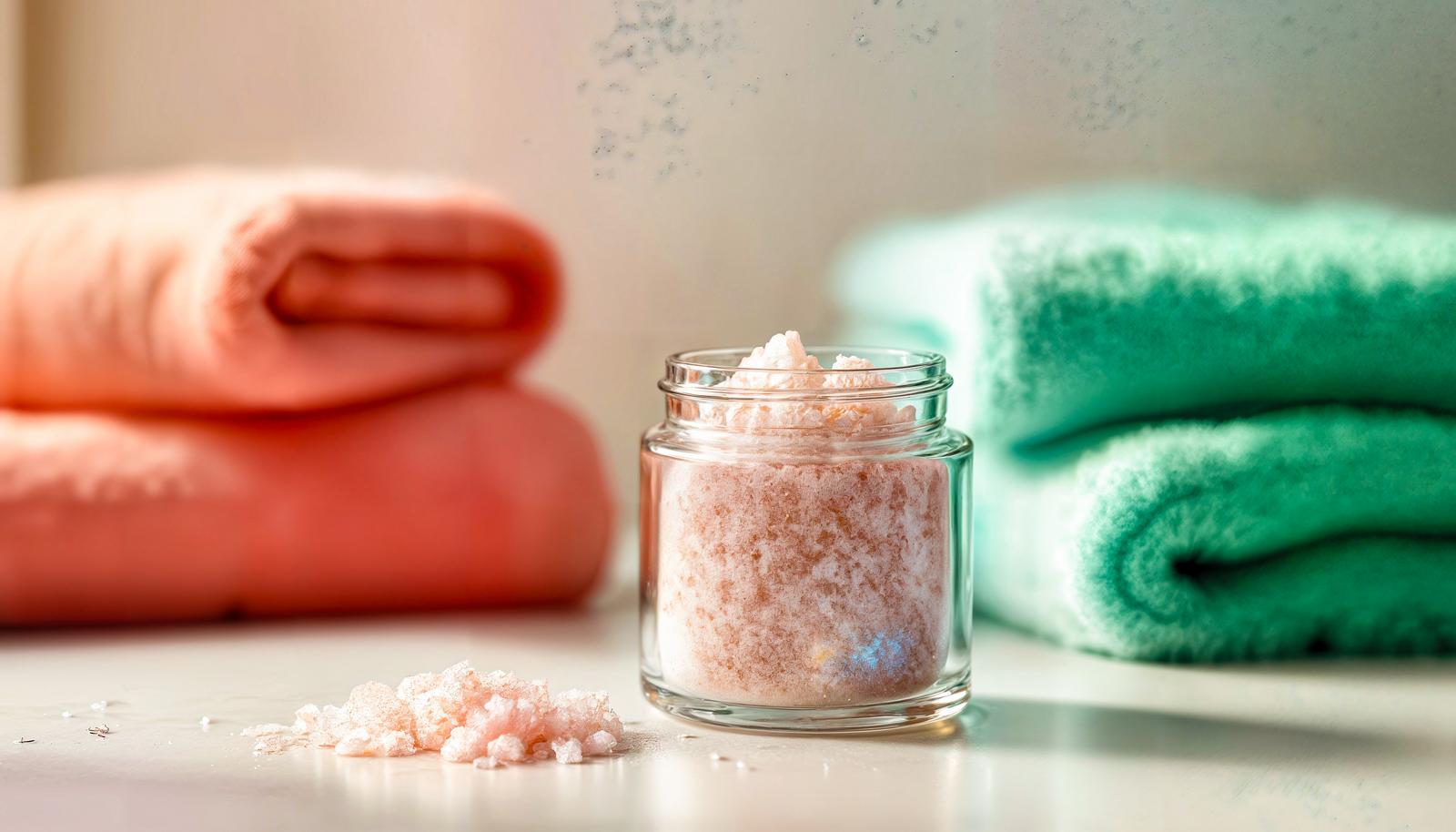 Pink bath salt in a glass jar displayed with folded towels in the background