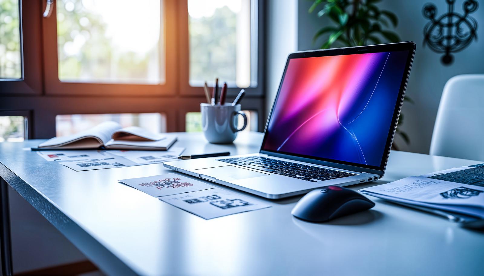 Laptop and stationery arranged on a creator's desk