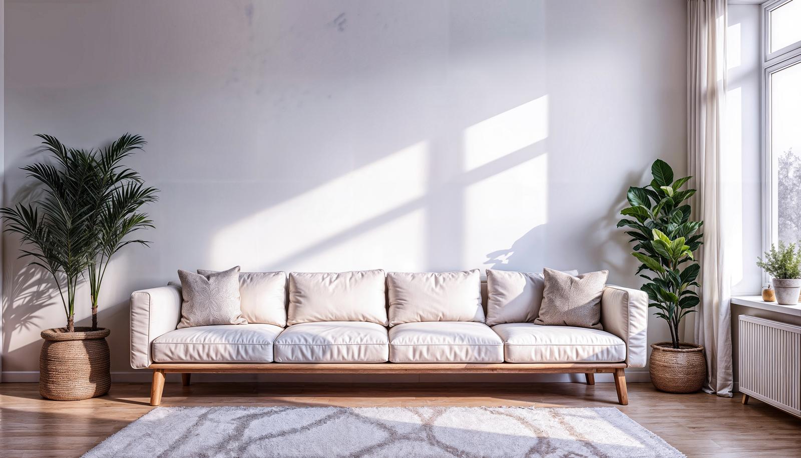 A four-seat white sofa with potted houseplants on both sides against a white wall, lit by natural sunlight