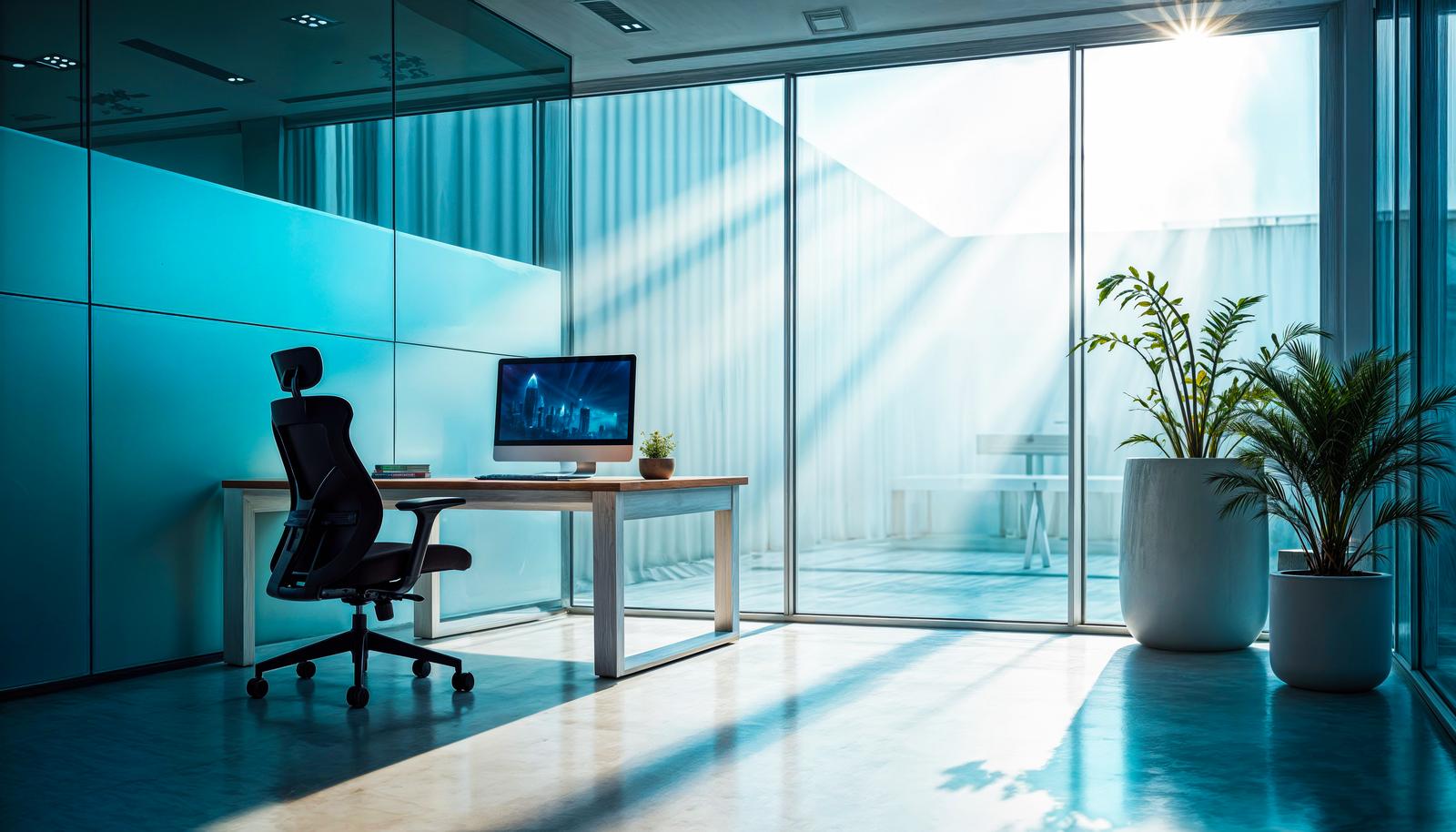 Workspace with desk and black chair placed in an office where natural light streams through glass windows