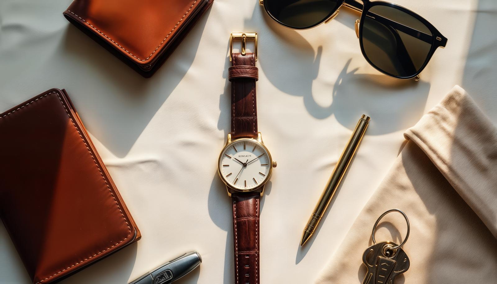 Men's accessories flat lay featuring a wristwatch, leather wallet, sunglasses, ballpoint pen, and keys arranged on white fabric
