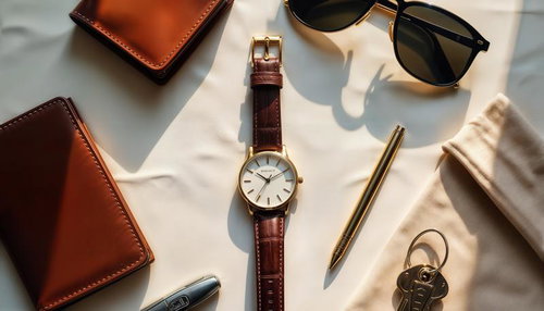 腕時計と革財布のメンズ小物フラットレイ
