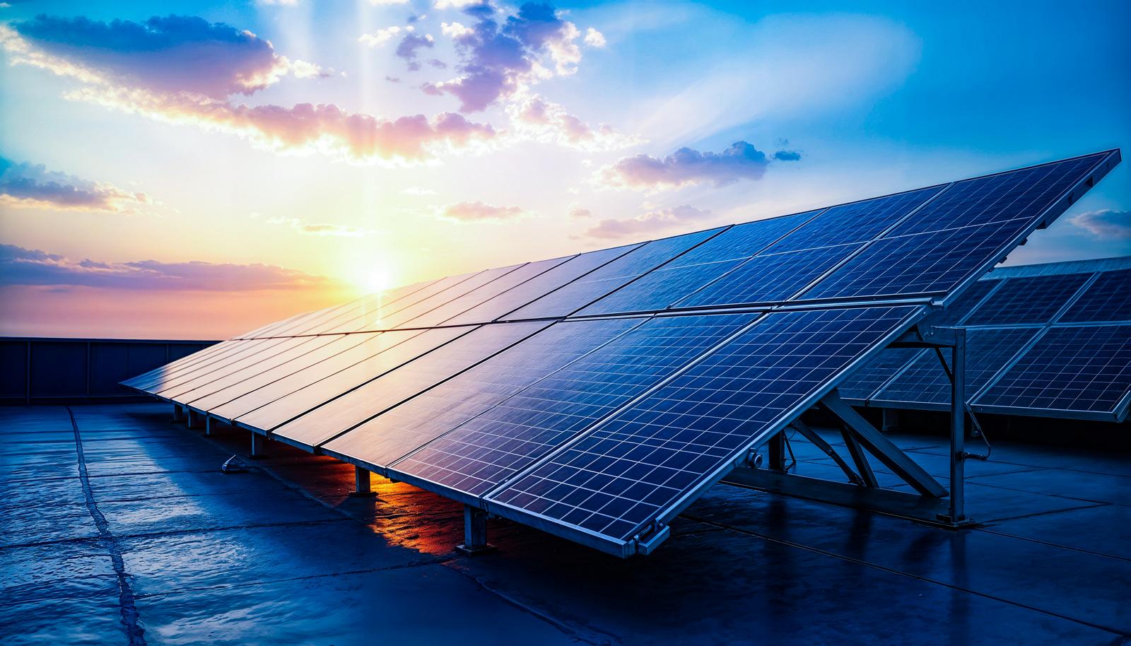 An AI image shot from below showing multiple solar panels lined up on a rooftop, illuminated by the setting sun