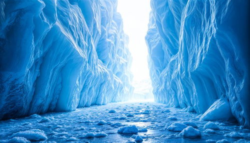 青い氷壁に囲まれた氷河の裂け目