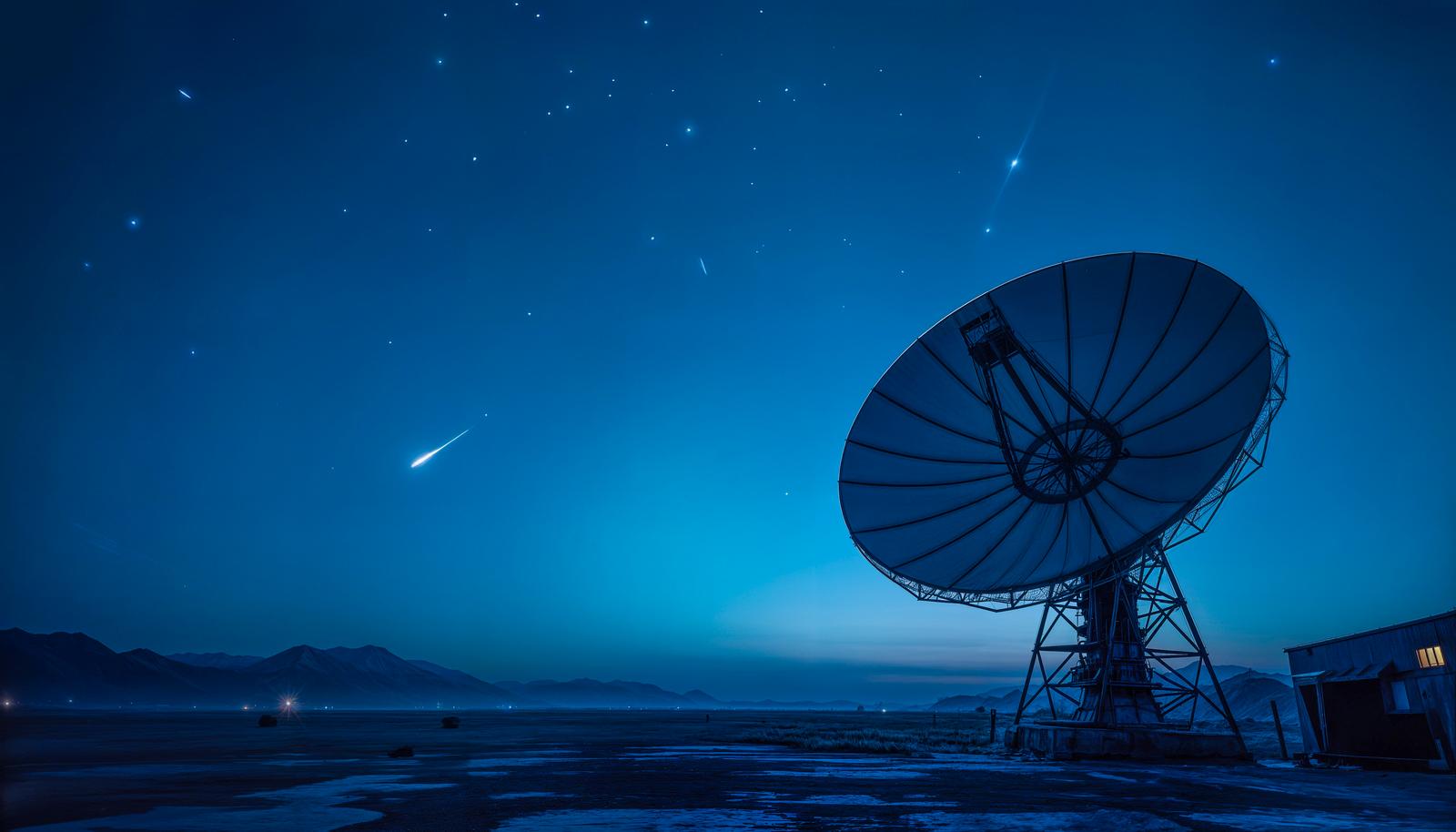 A large parabolic antenna standing upright against the sky under a starry night filled with scattered stars