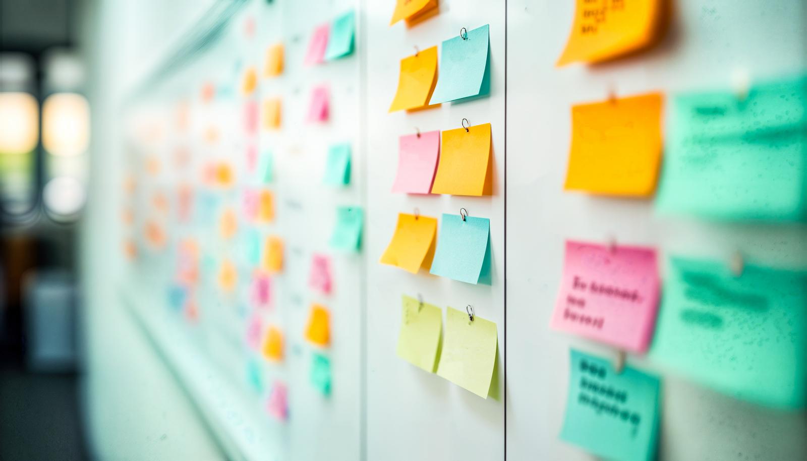 Task management board with color-coded sticky notes arranged in a grid pattern on a whiteboard