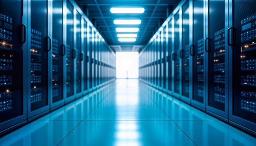 青い照明に照らされたデータセンターの通路
