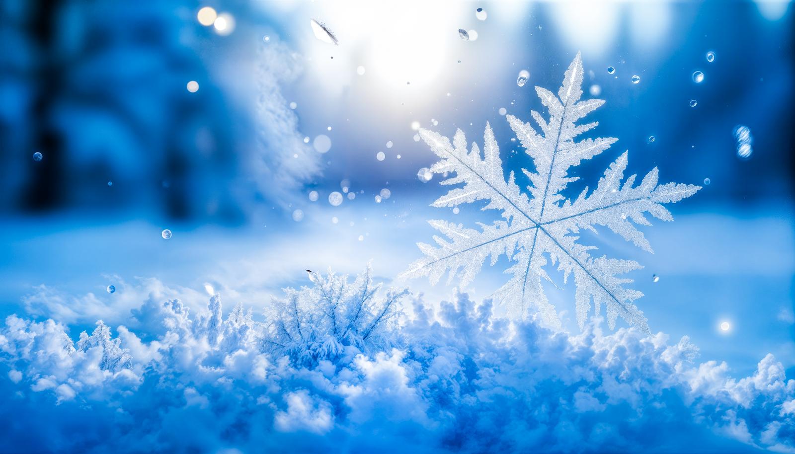 積もった雪の上に立つ六角形の樹枝状の雪の結晶を接写したAI生成画像