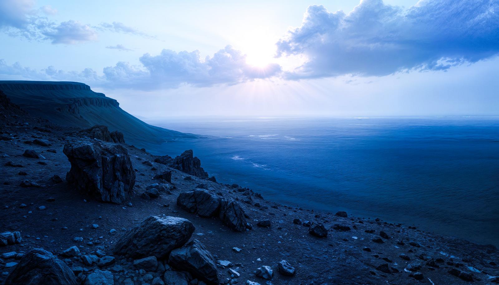 雲間から太陽光が差し込む夜明けの海と岩場の海岸風景