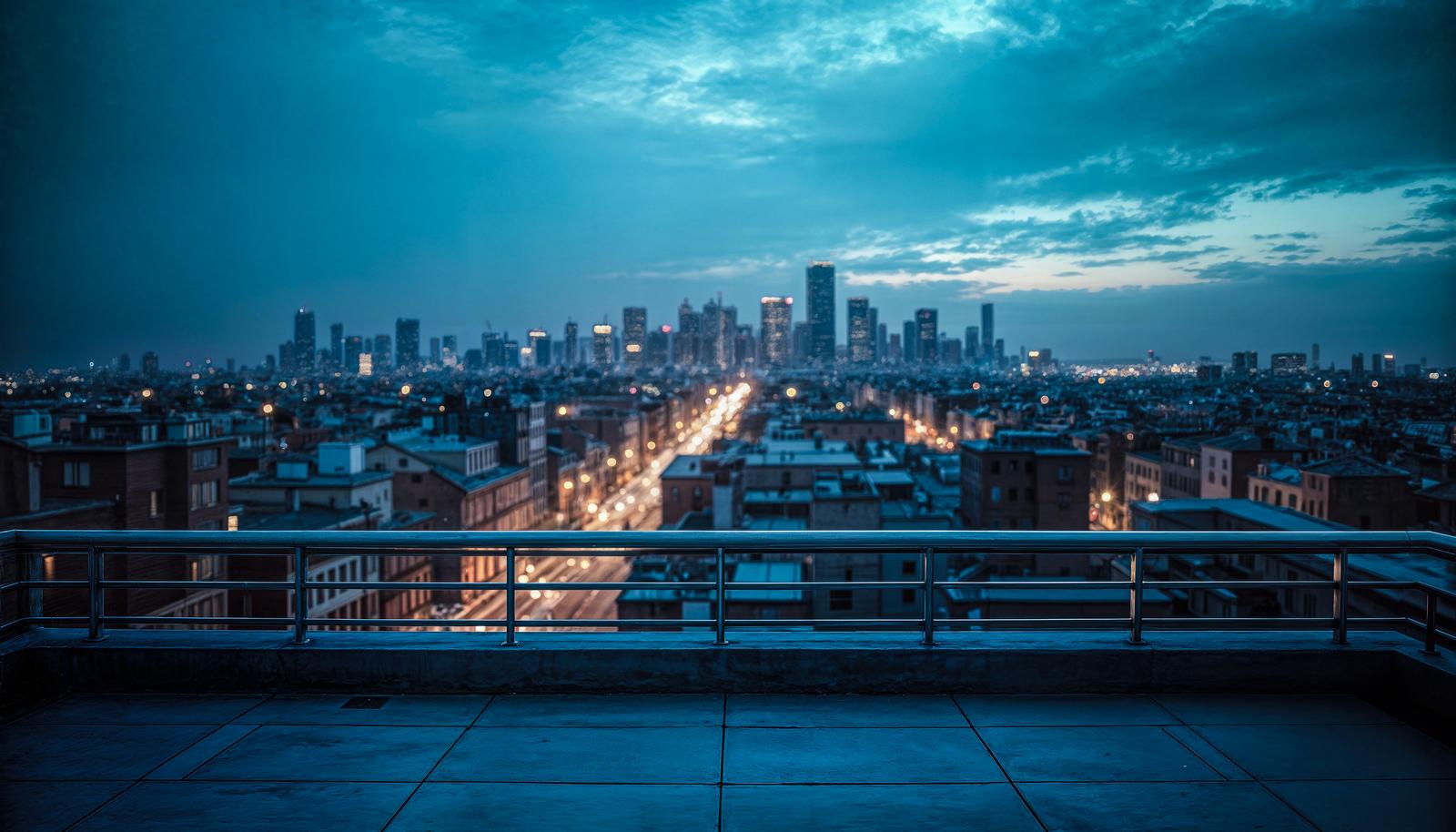 Night view of high-rise buildings and skyline visible beyond the rooftop terrace railing
