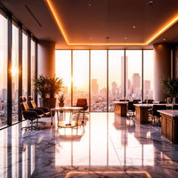 夕日が差し込む高層階のホテルラウンジの写真