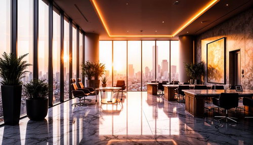 夕日が差し込む高層階のホテルラウンジ