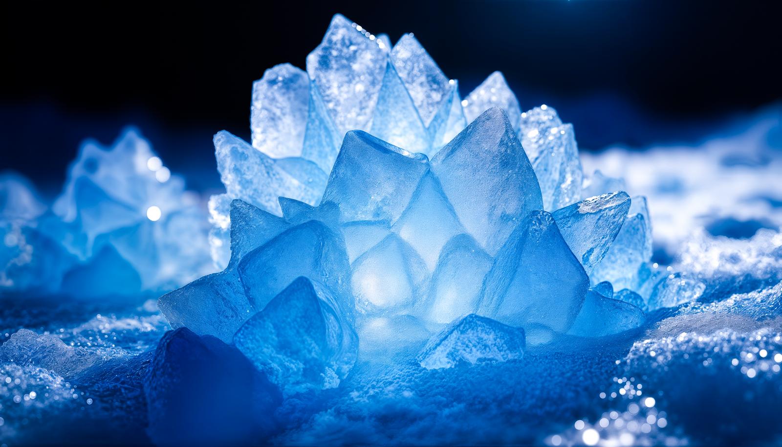 Close-up of a flower-shaped ice crystal (Kori) glowing pale blue against a dark background