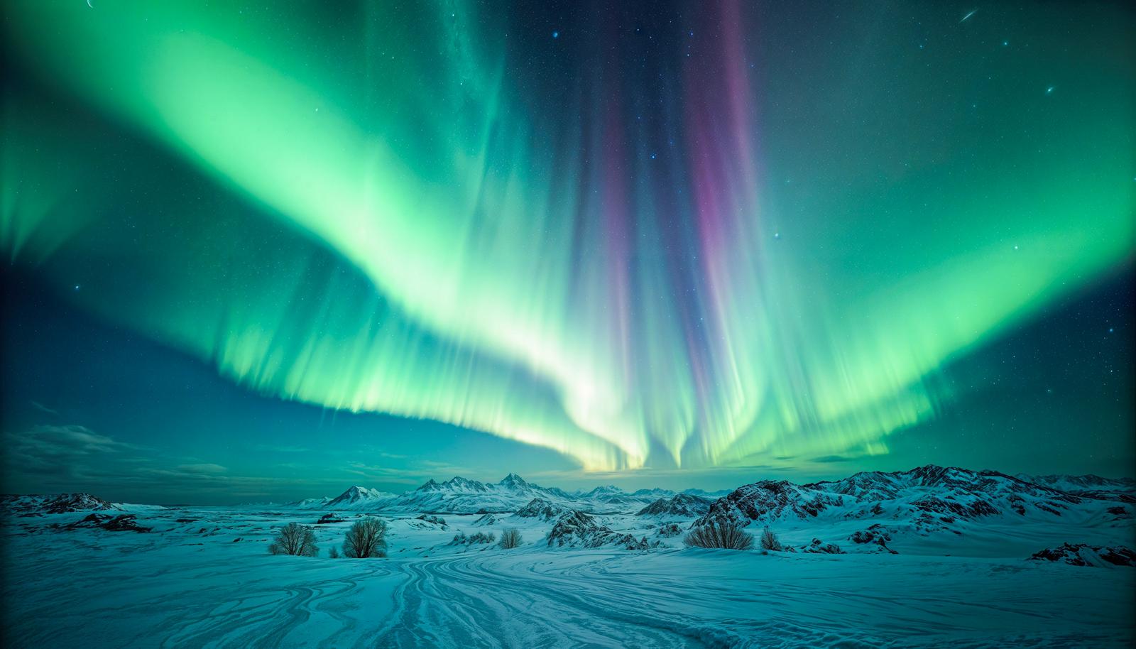 雪原の上に緑と紫のオーロラが揺らめき、星空が広がる夜の風景
