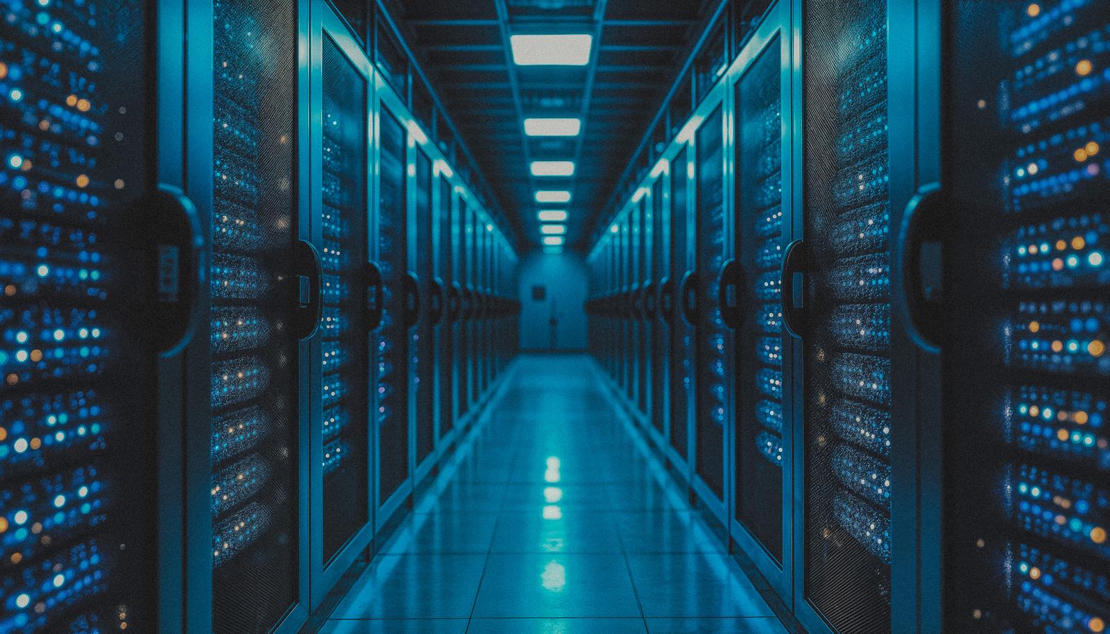 Data center hallway with server racks aligned and illuminated by blue LED lighting