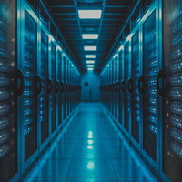 青いLED照明で照らされたサーバーラックが並ぶデータセンターの通路の写真