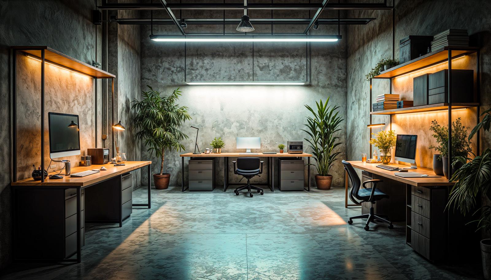 Industrial coworking space surrounded by concrete walls with desks and potted plants arranged in a row