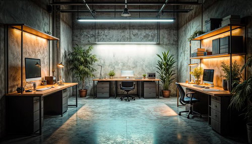 コンクリート壁のインダストリアルなコワーキングスペース