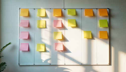 オフィスの掲示板に並ぶ付箋を使った業務連絡