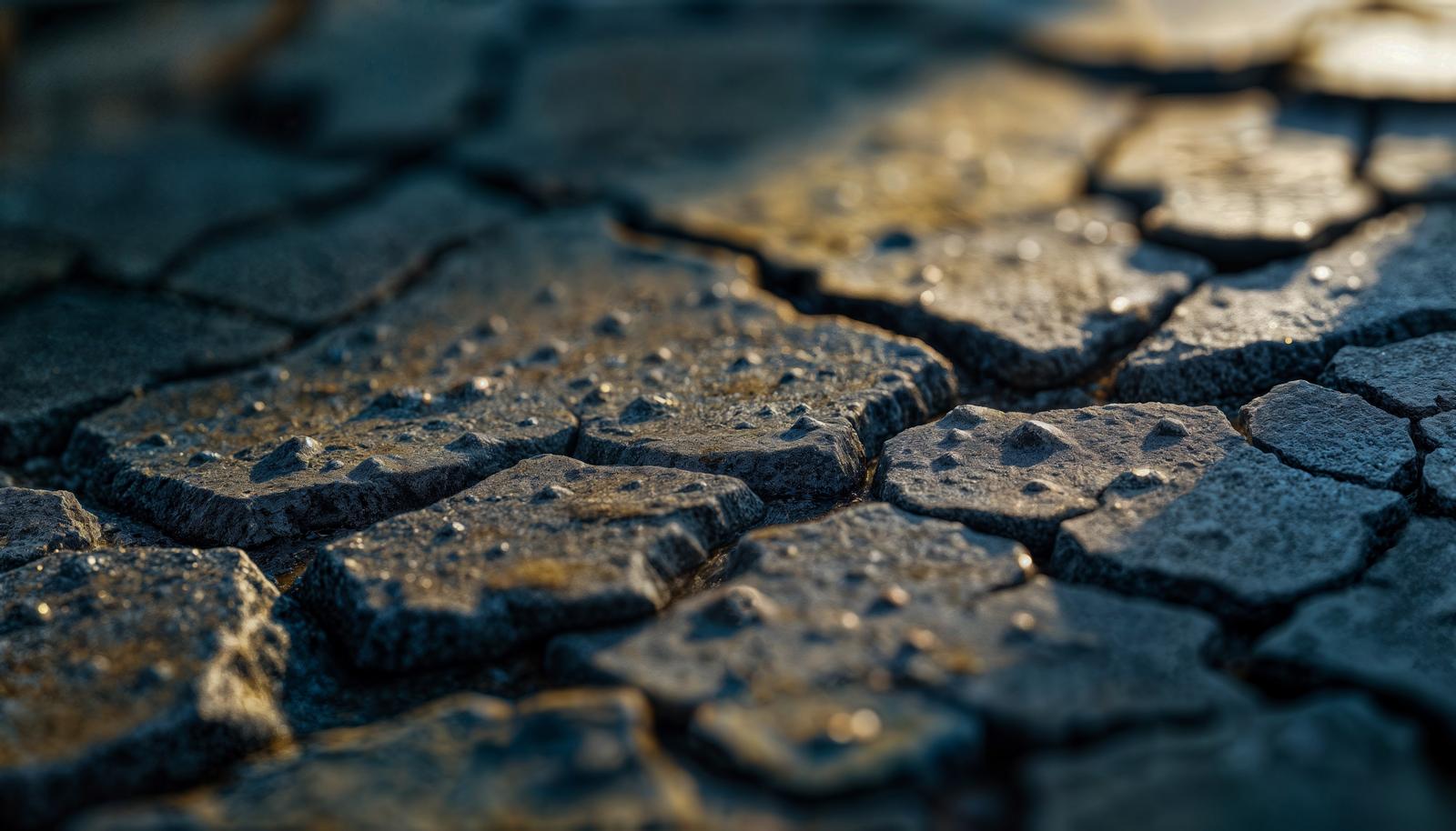 AI-generated close-up image of dry, cracked ground caused by drought, captured from a low angle