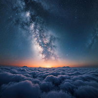雲海の上に広がる天の川と星空の写真