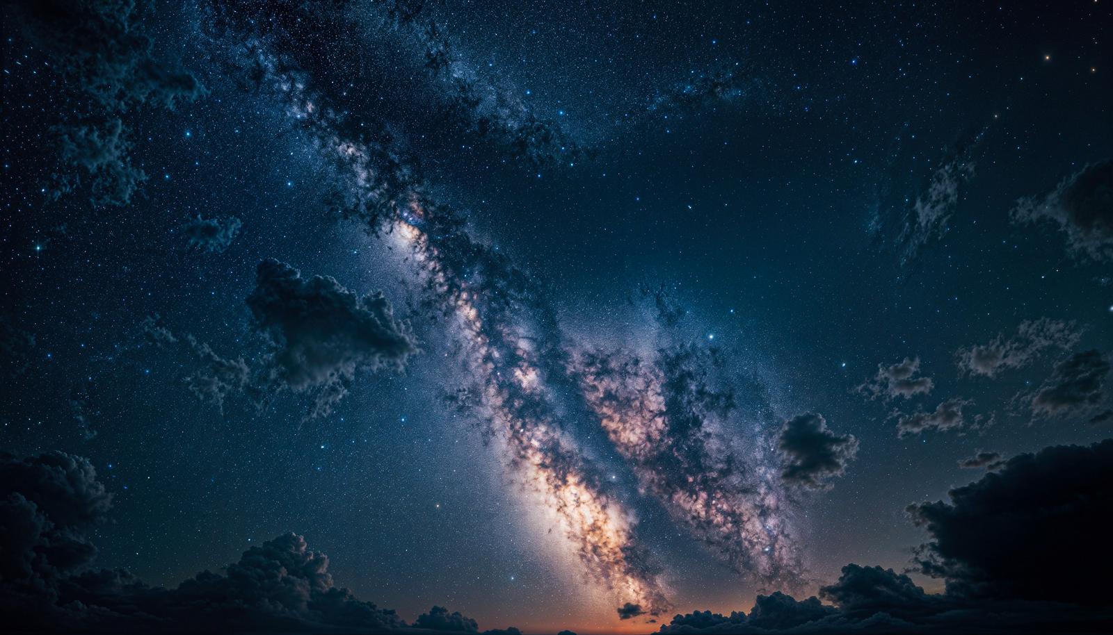 天の川が斜めに横切り無数の星と雲が広がる夜空のAI画像