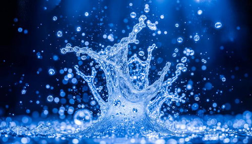 深い青色の背景で水が激しく飛び散るスプラッシュの瞬間