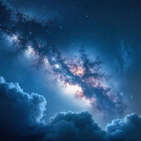 雲間に広がる天の川と星雲の夜空のAI画像