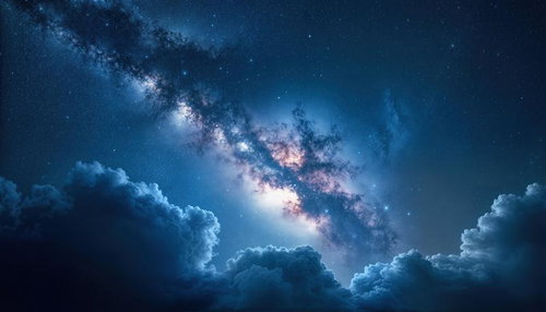 雲間に広がる天の川と星雲の夜空のAI素材