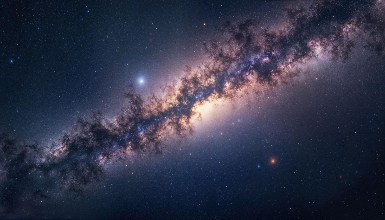 夜空に斜めに広がる天の川銀河と無数の星々が輝く宇宙のAI画像